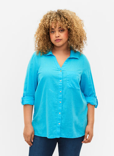 Puuvilla-pellavasekoitteinen paitapusero, jossa on napitus, Blue Atoll, Model image number 0