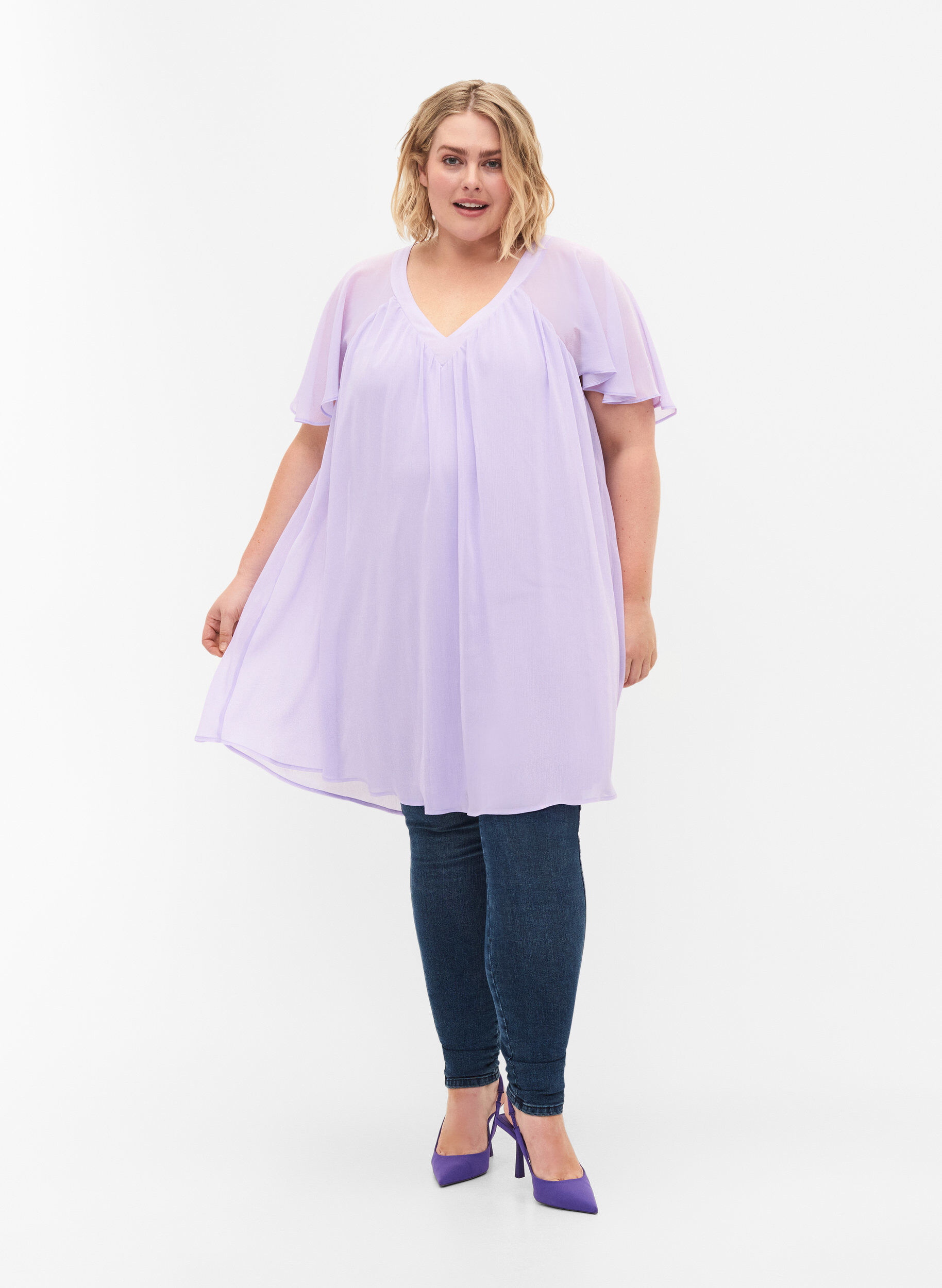 Zizzi V&auml;lj&auml; mekko lyhyill&auml; hihoilla, Purple Heather, Model image number 2
