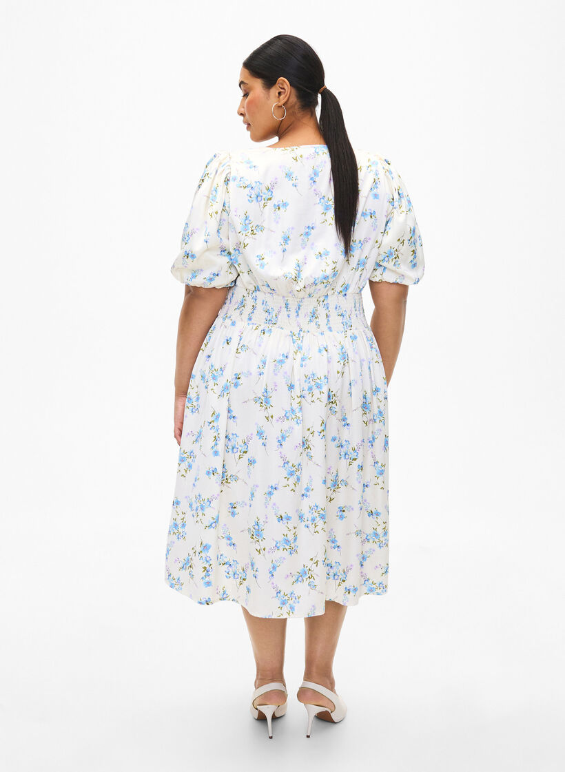 Kukkakuvioinen satiinimekko, jossa on puhvihihat, Off White Blue Fl., Model image number 1