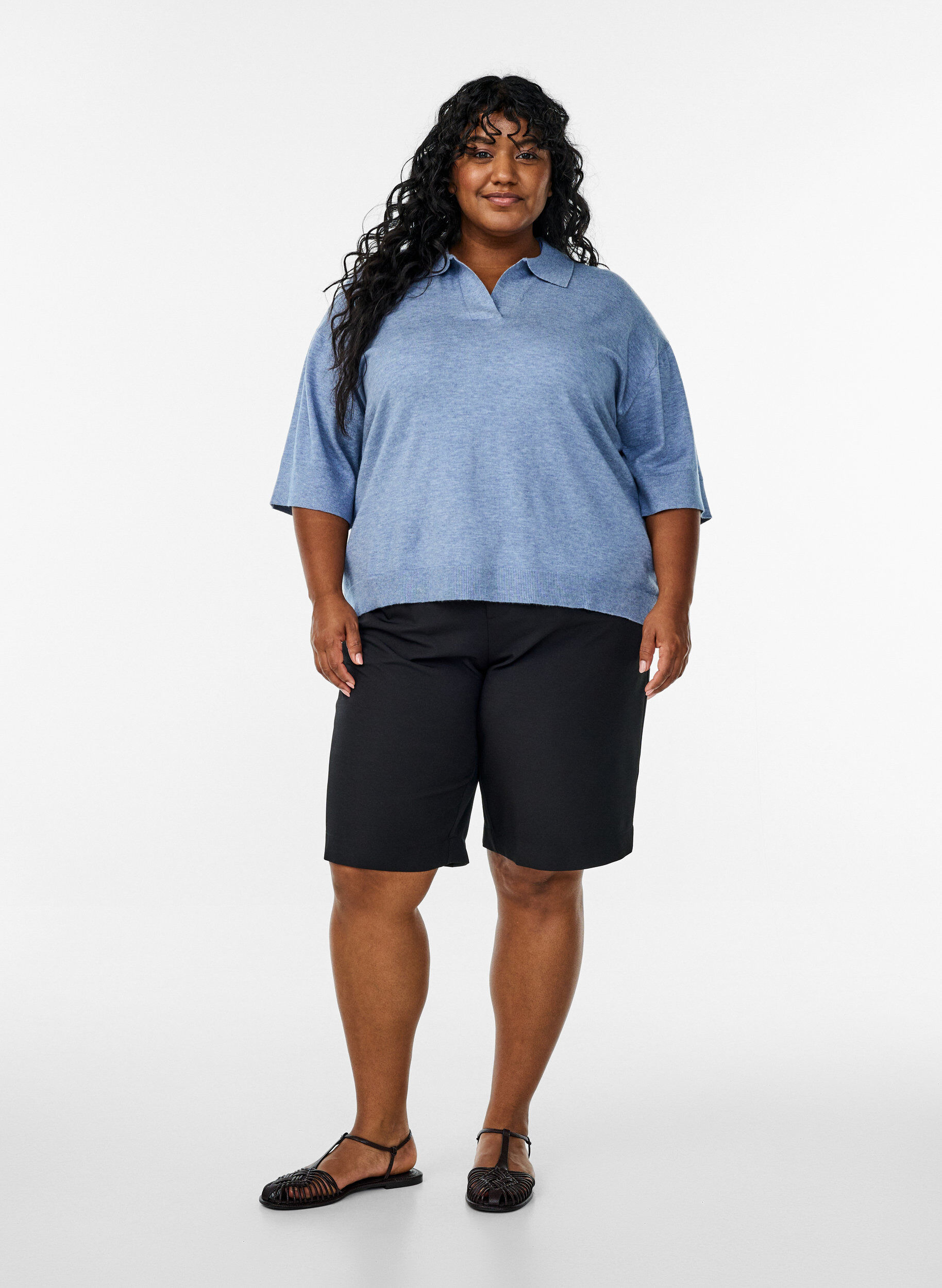 Zizzi Lyhythihainen, kauluksellinen neulepusero, Sininen, Model image number 1