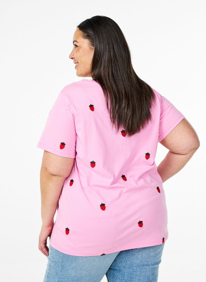 Luomupuuvillainen T-paita kirjailuilla kuvioilla., Vaaleanpunainen, Model image number 2