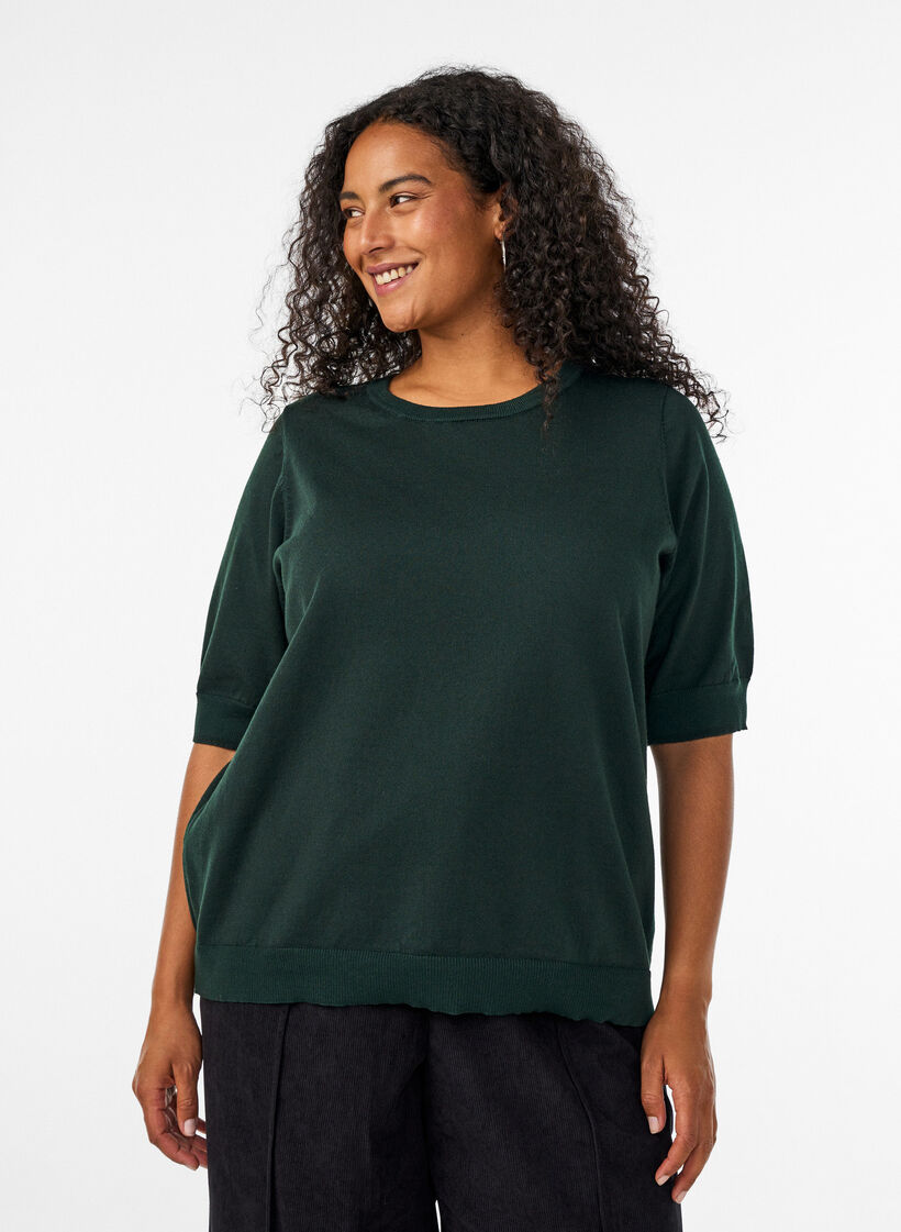 Hienoneulepusero lyhyill&auml; hihoilla, Vihre&auml;, Model image number 0