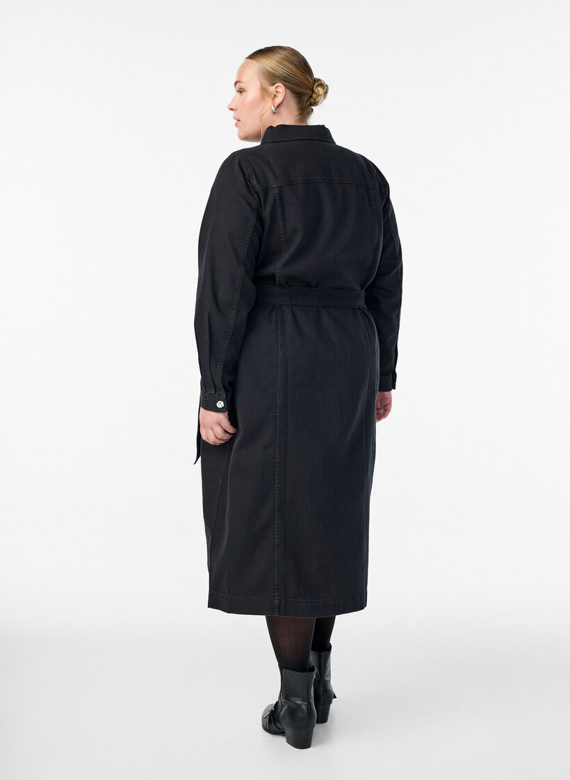 Denim-mekko vyöllä ja koristeellisilla napeilla, Musta, Model image number 2