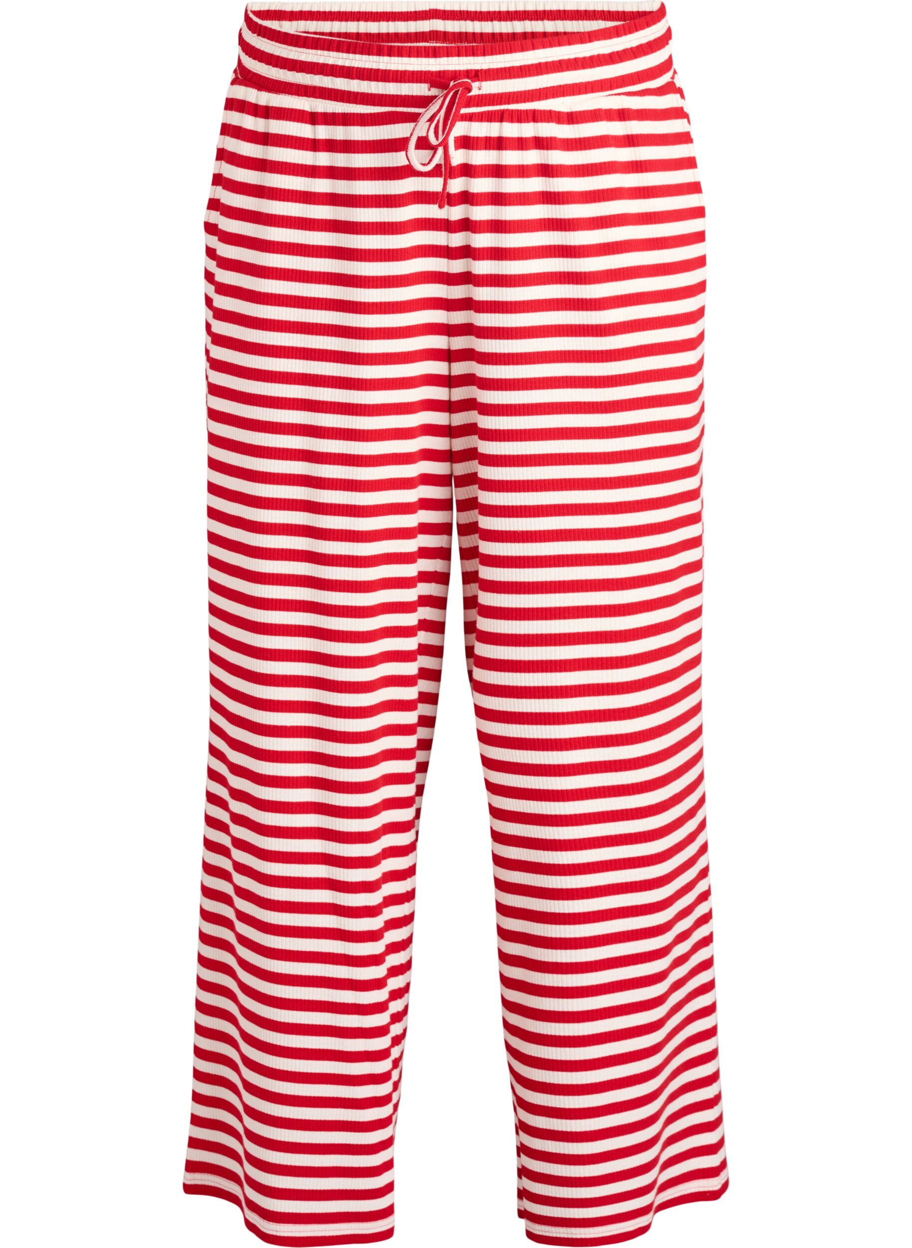 ZizziRaidalliset pyjamahousut korkealla vy&ouml;t&auml;r&ouml;ll&auml; ja leveill&auml; lahkeilla, Punainen, Packshot image number 0