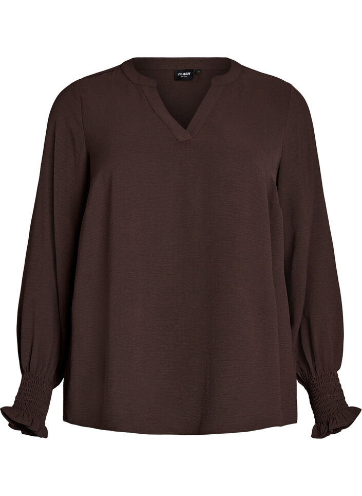 Pusero smock-kalvosimilla ja v-p&auml;&auml;ntiell&auml;, Ruskea, Packshot image number 0