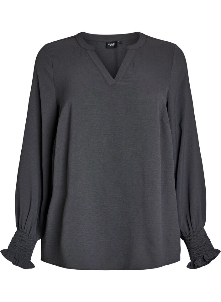 Pusero smock-kalvosimilla ja v-p&auml;&auml;ntiell&auml;, Harmaa, Packshot image number 0