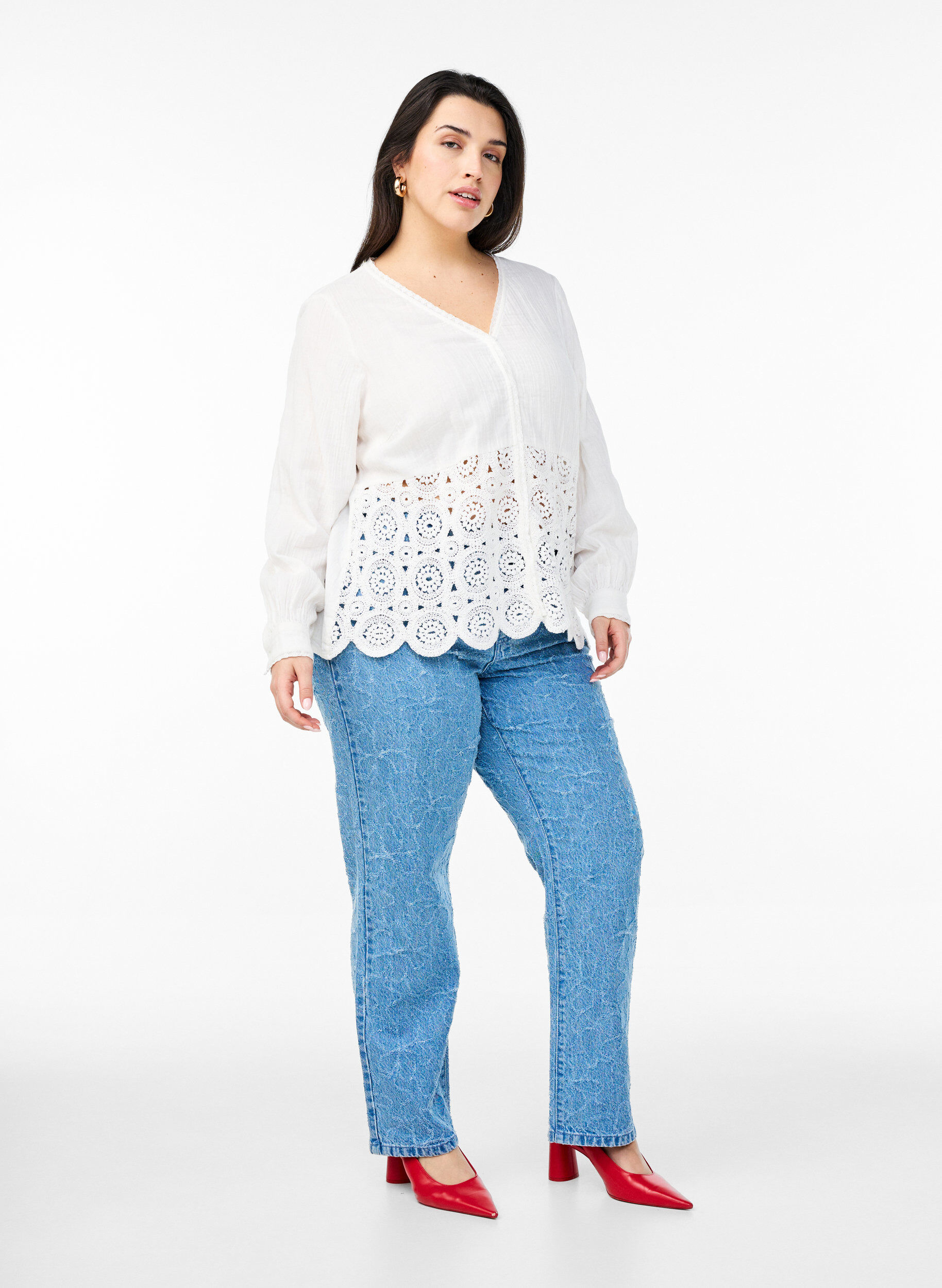 Zizzi Puuvillamusliininen paitapusero virkkausyksityiskohdilla, Valkoinen, Model image number 1