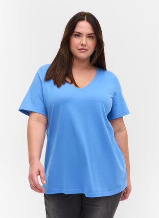 T-paita ekologisesta puuvillasta v-aukolla, Ultramarine, Model image number 0