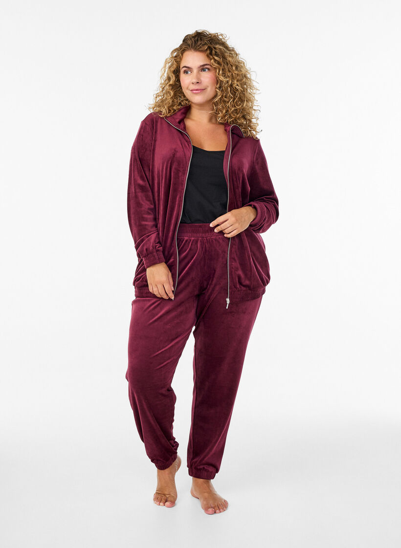 Velour-neuletakki vetoketjulla ja korkealla kauluksella, Tumma Bordeaux, Model image number 1