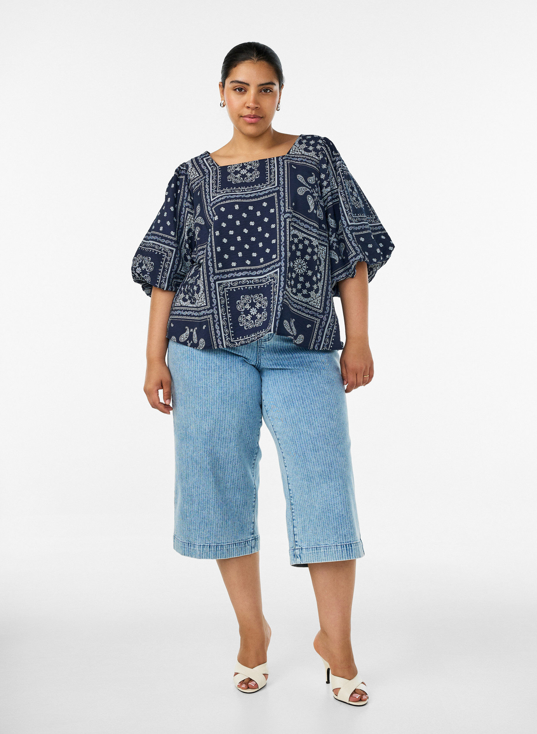 ZizziViskoosipusero paisley-kuviolla ja pallohihoilla, Sininen, Model image number 1