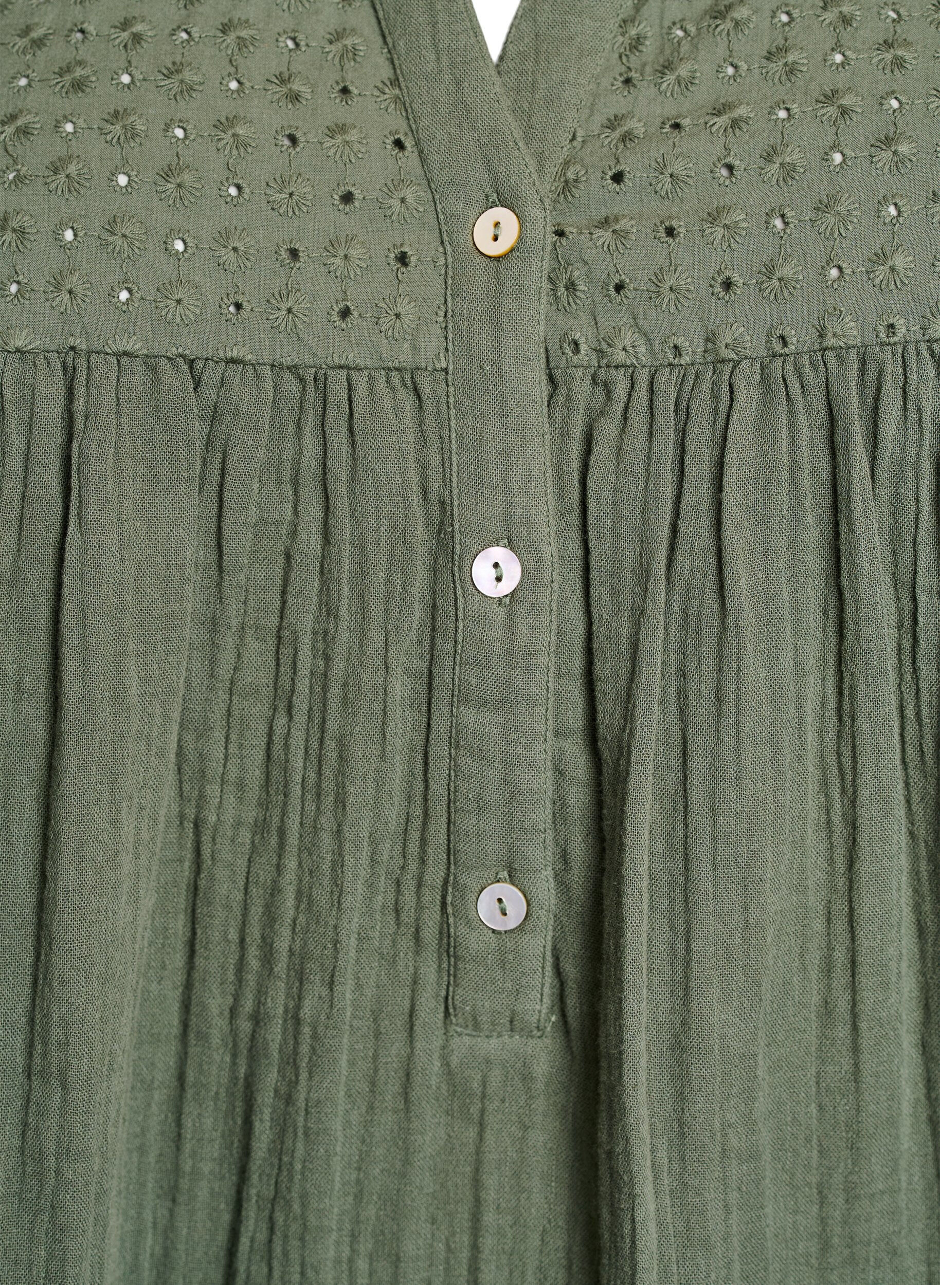 Zizzi Puuvillamusliinitunika brodeeratulla pitsill&auml;, Vihre&auml;, Packshot image number 2