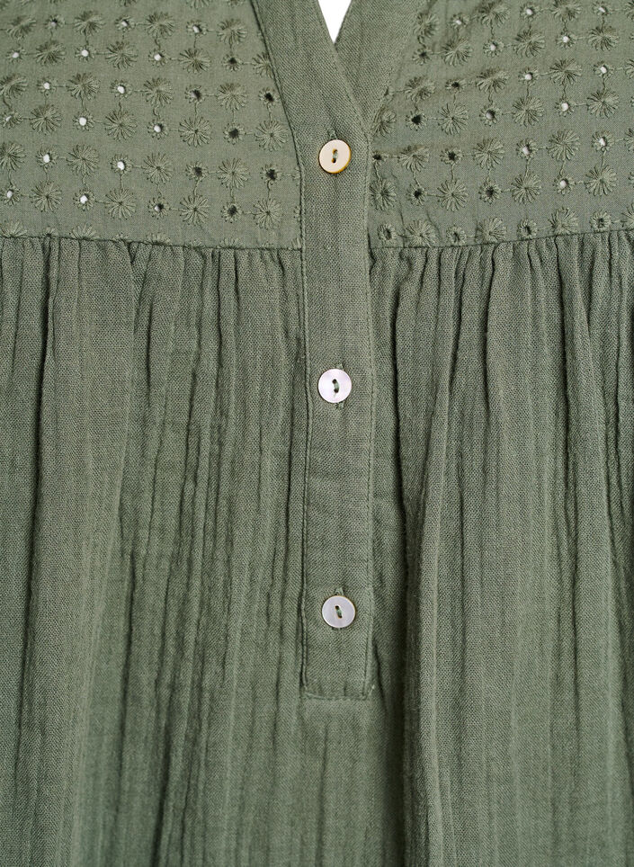 Puuvillamusliinitunika brodeeratulla pitsill&auml;, Vihre&auml;, Packshot image number 2