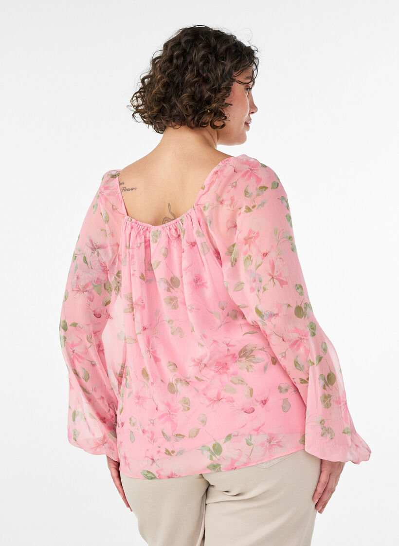 Chiffonpusero kukkakuosilla ja pitkill&auml; hihoilla, Vaaleanpunainen, Model image number 2
