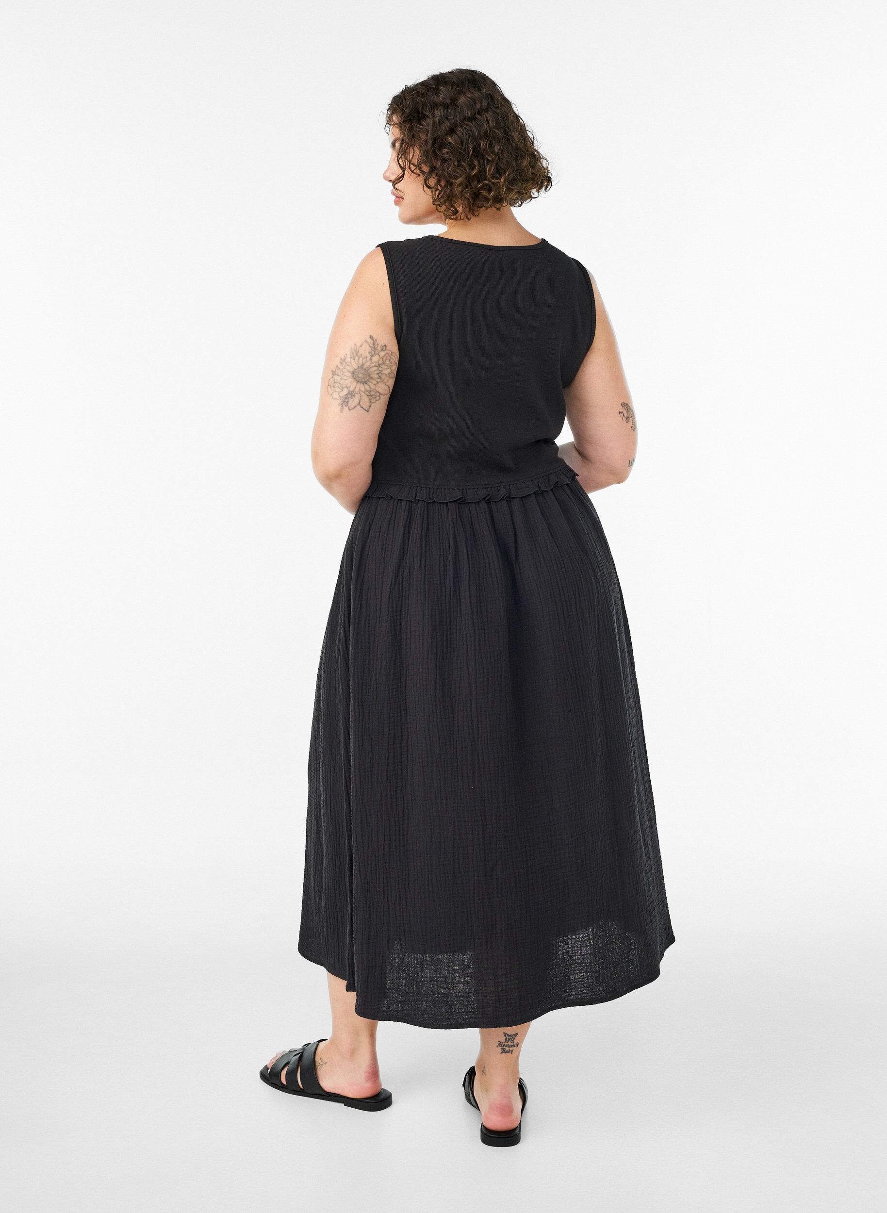 ZizziHihaton puuvillainen midimekko ribill&auml; ja musliinilla, Musta, Model image number 1