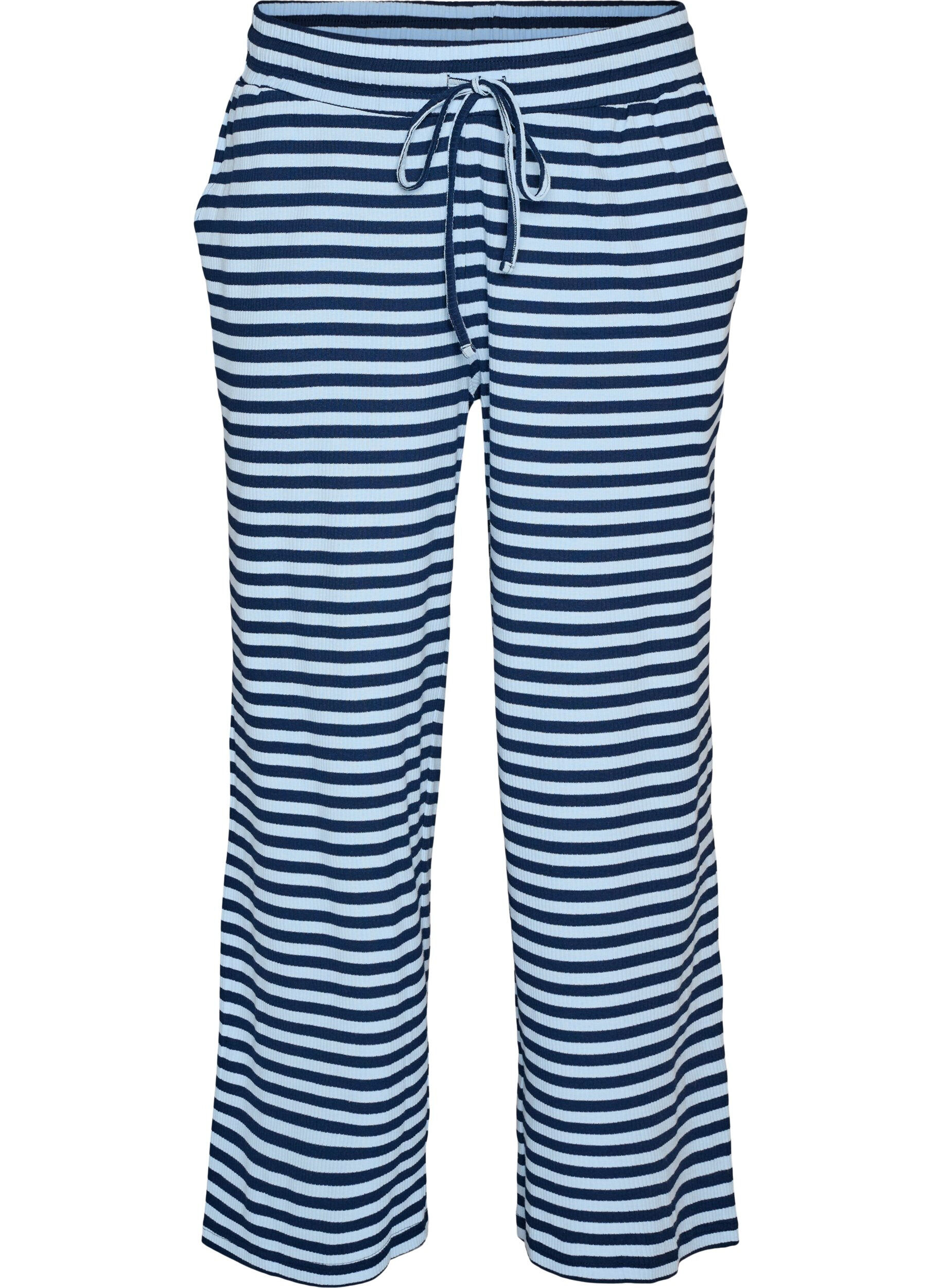 ZizziRaidalliset pyjamahousut korkealla vy&ouml;t&auml;r&ouml;ll&auml; ja leveill&auml; lahkeilla, Sininen, Packshot image number 0