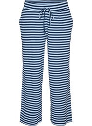 Raidalliset pyjamahousut korkealla vy&ouml;t&auml;r&ouml;ll&auml; ja leveill&auml; lahkeilla, Sininen