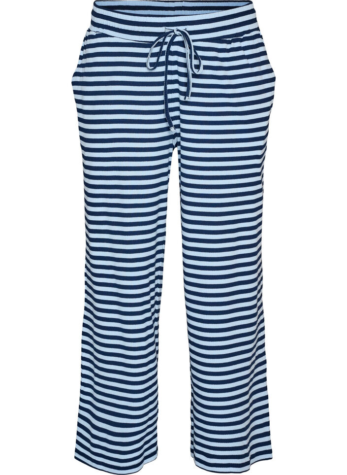 Raidalliset pyjamahousut korkealla vy&ouml;t&auml;r&ouml;ll&auml; ja leveill&auml; lahkeilla, Sininen, Packshot image number 0