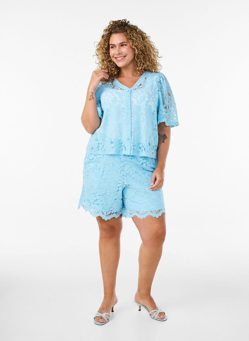 Lyhythihainen pitsipusero V-p&auml;&auml;ntiell&auml;, Sininen, Model image number 1