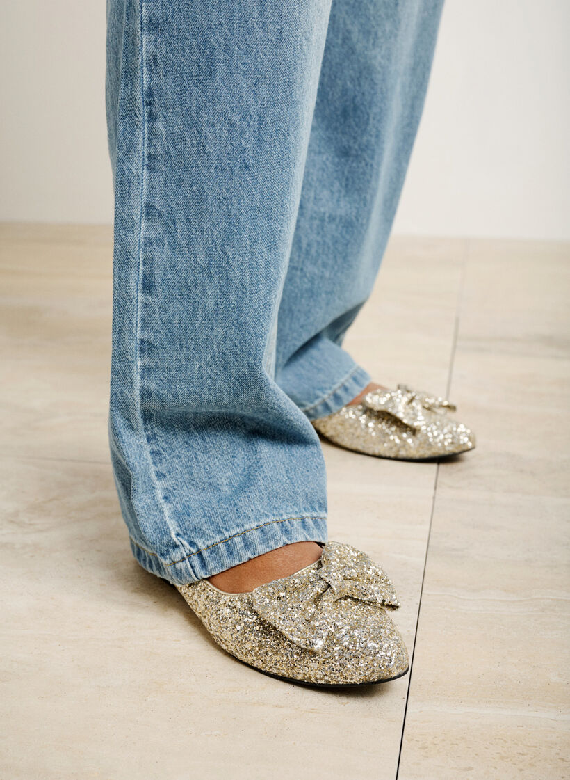 Leveänmalliset kimaltelevat ballerinat rusetilla, Gold Glitter, Image image number 1