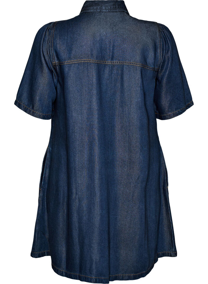 Lyocell-denimmekko napeilla ja lyhyill&auml; hihoilla, Sininen, Packshot image number 1