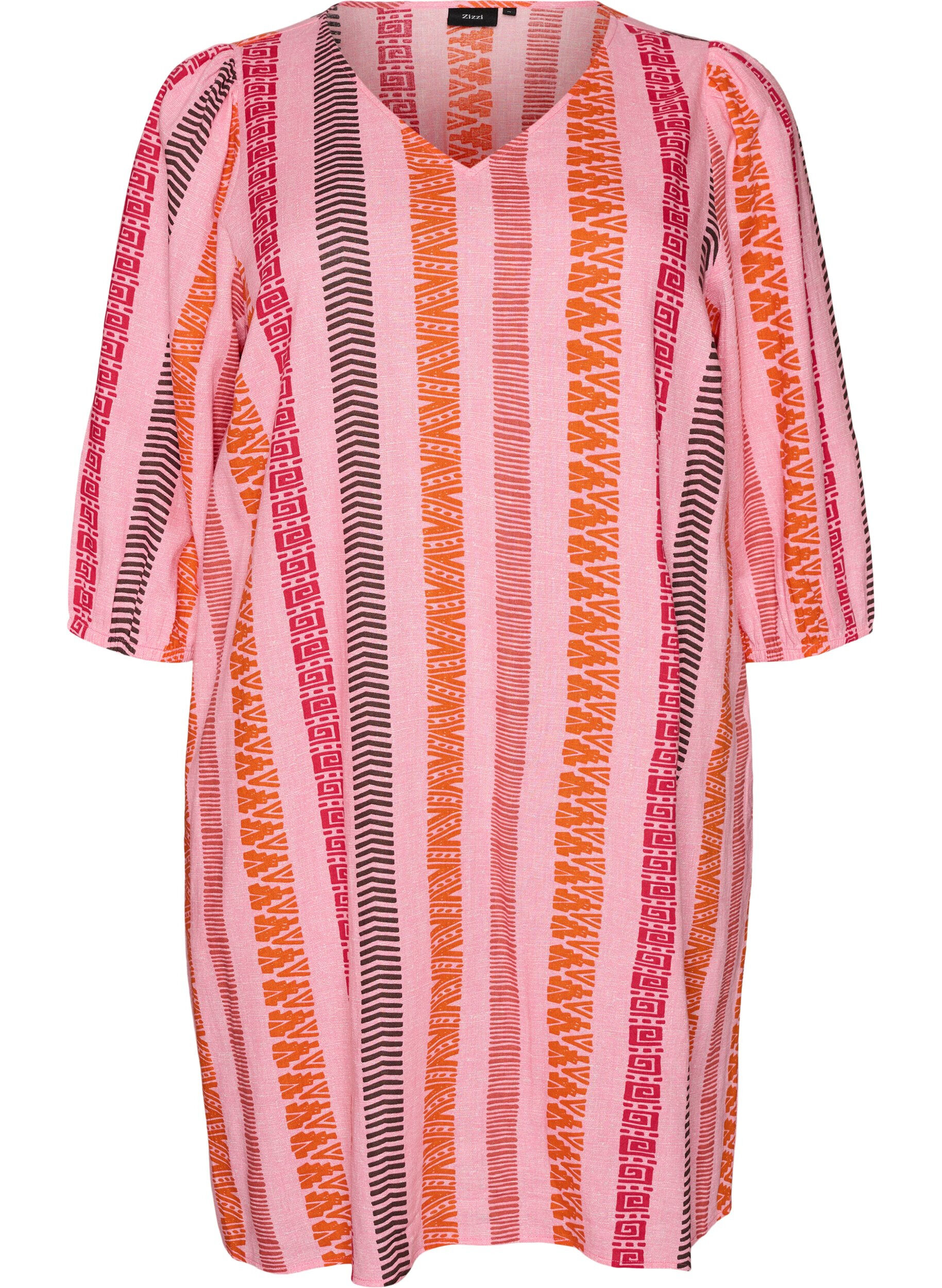 Lyhyt mekko pellavasta ja viskoosista, 3/4-hihoilla