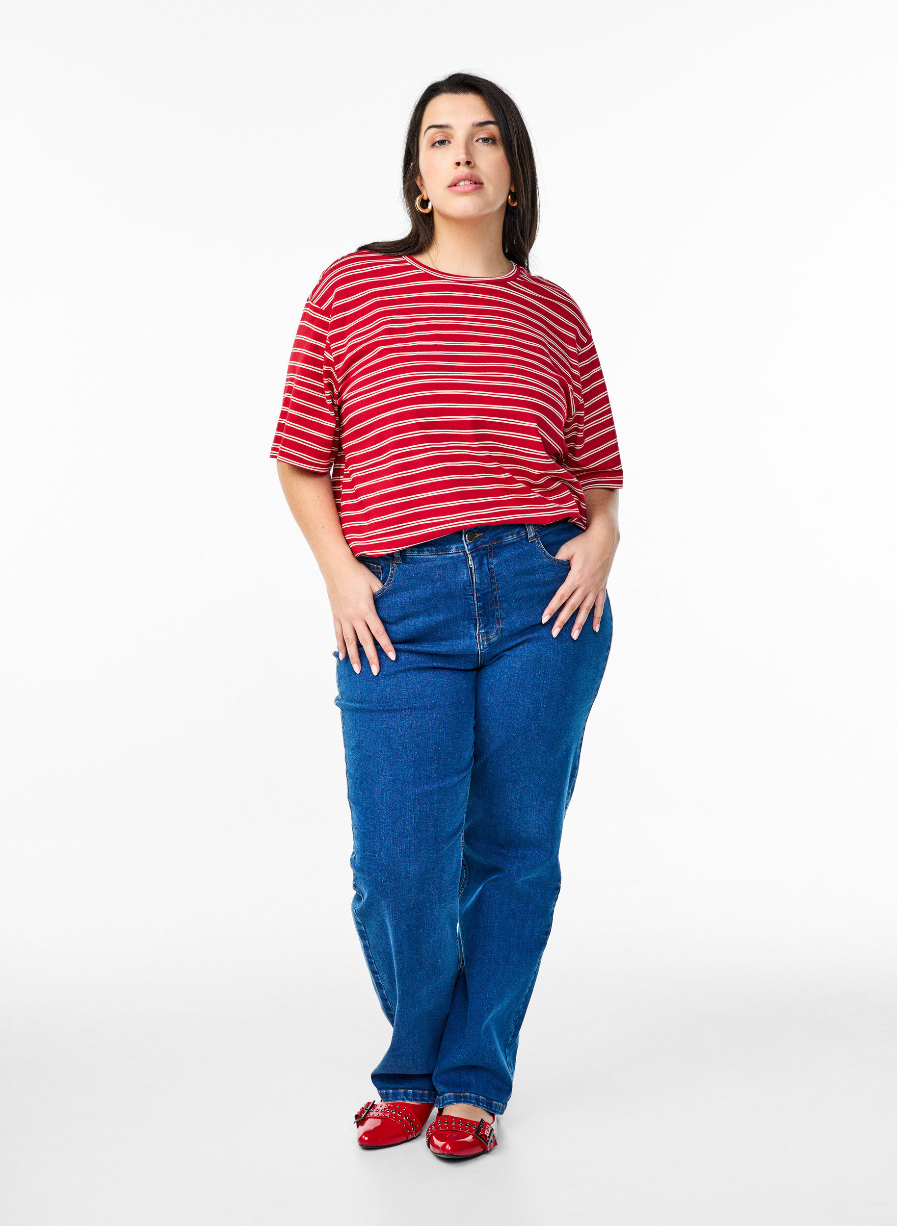 Zizzi Raidallinen t-paita, Punainen, Model image number 1