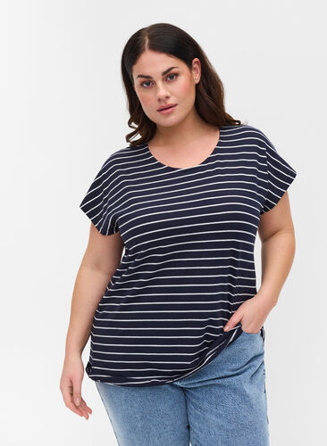 Puuvillainen t-paita raidoilla, Blue Stripe, Model image number 0