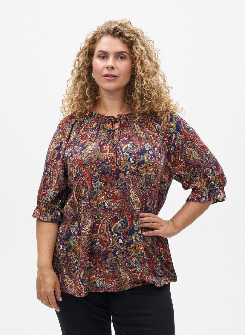 Viskoosipusero paisley-kuviolla ja kyyn&auml;rpituisilla hihoilla, Sininen, Model image number 0