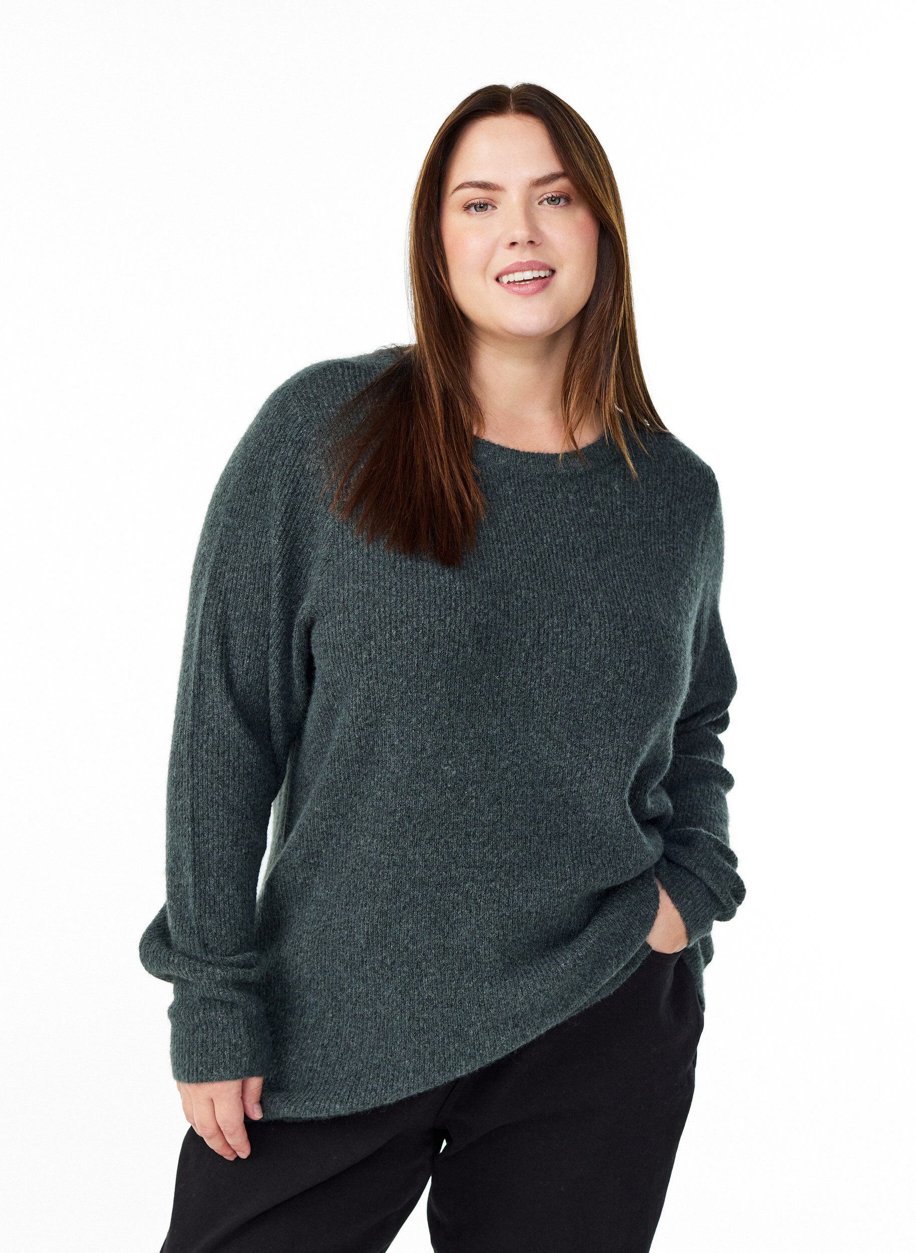 Melange-neulepusero py&ouml;re&auml;ll&auml; p&auml;&auml;ntiell&auml;, Vihre&auml;, Model