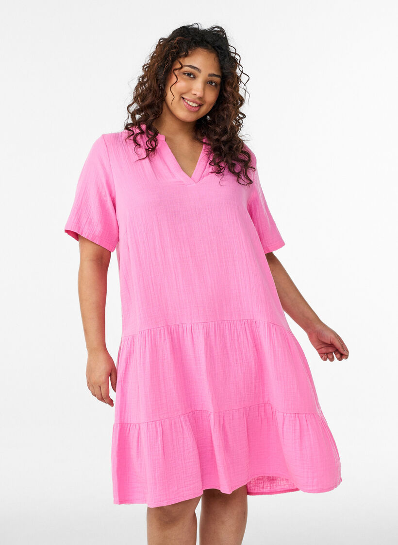 Lyhyt A-linjainen mekko puuvillamusliinista, Vaaleanpunainen, Model image number 0