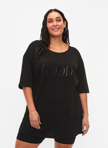 Puuvillainen oversize t-paita painatuksella, Black GOOD, Model image number 0