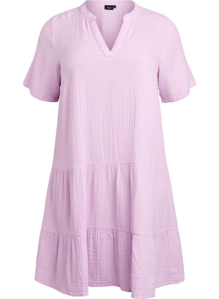 Lyhyt A-linjainen mekko puuvillamusliinista, Violetti, Packshot image number 0