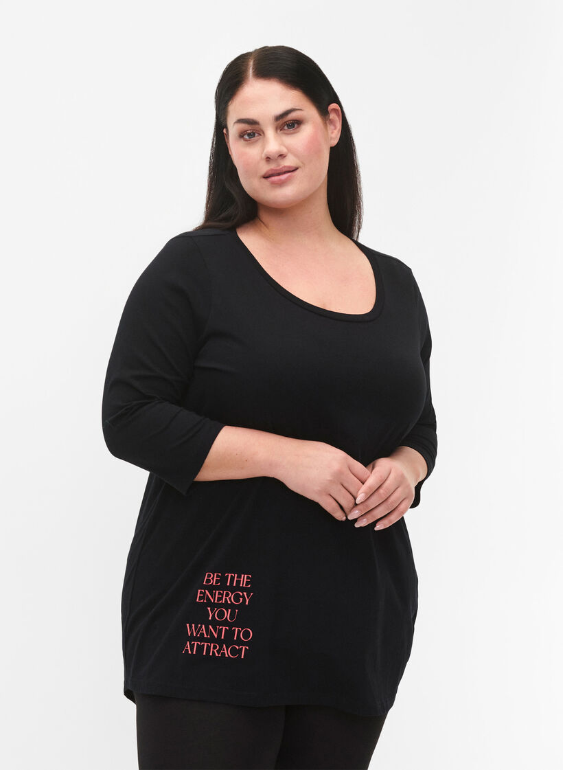 Puuvillainen t-paita 3/4-hihoilla, Black, Model image number 0