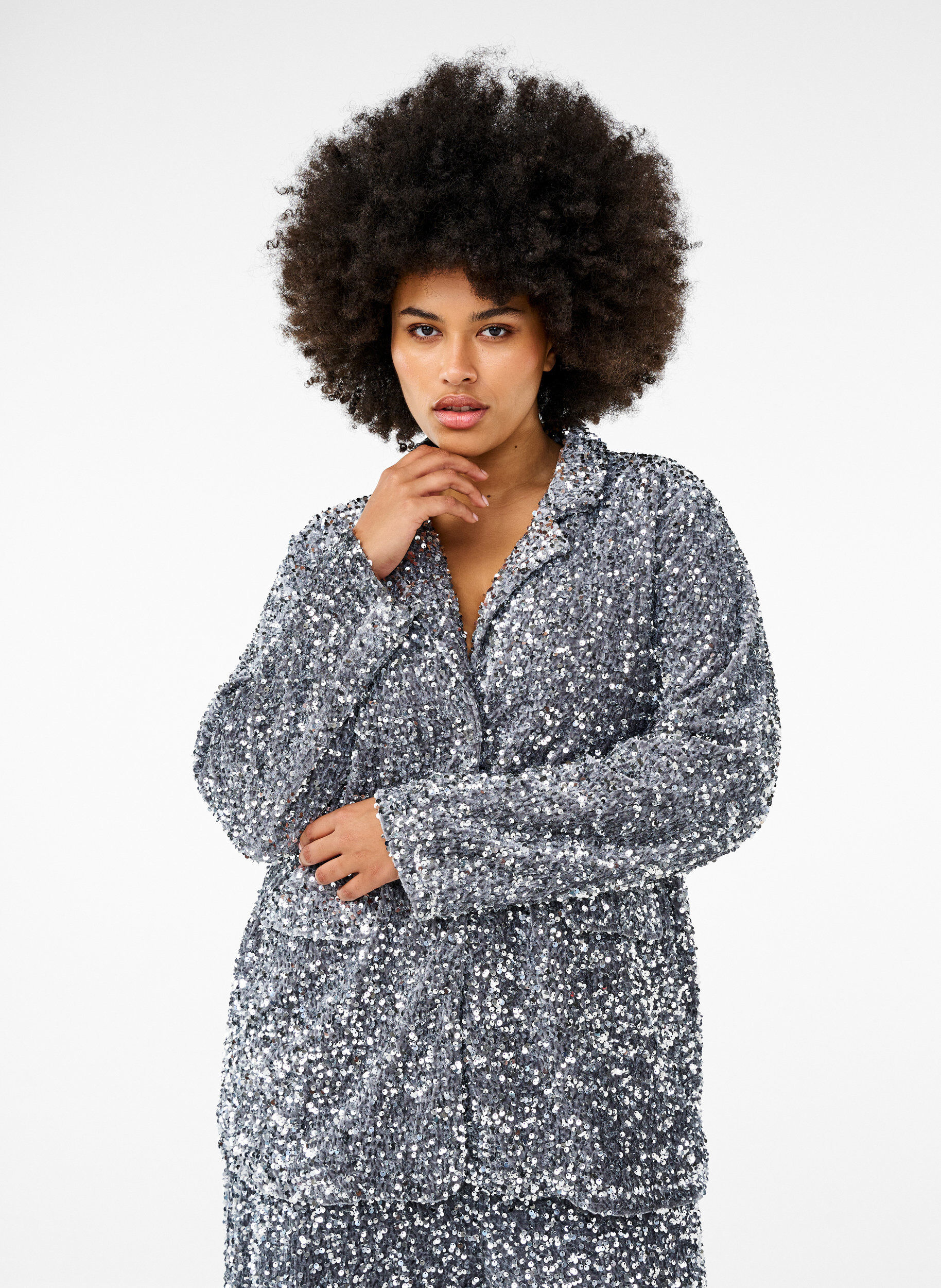 Zizzi Paljettibleiseri taskuilla, Silver, Model image number 0