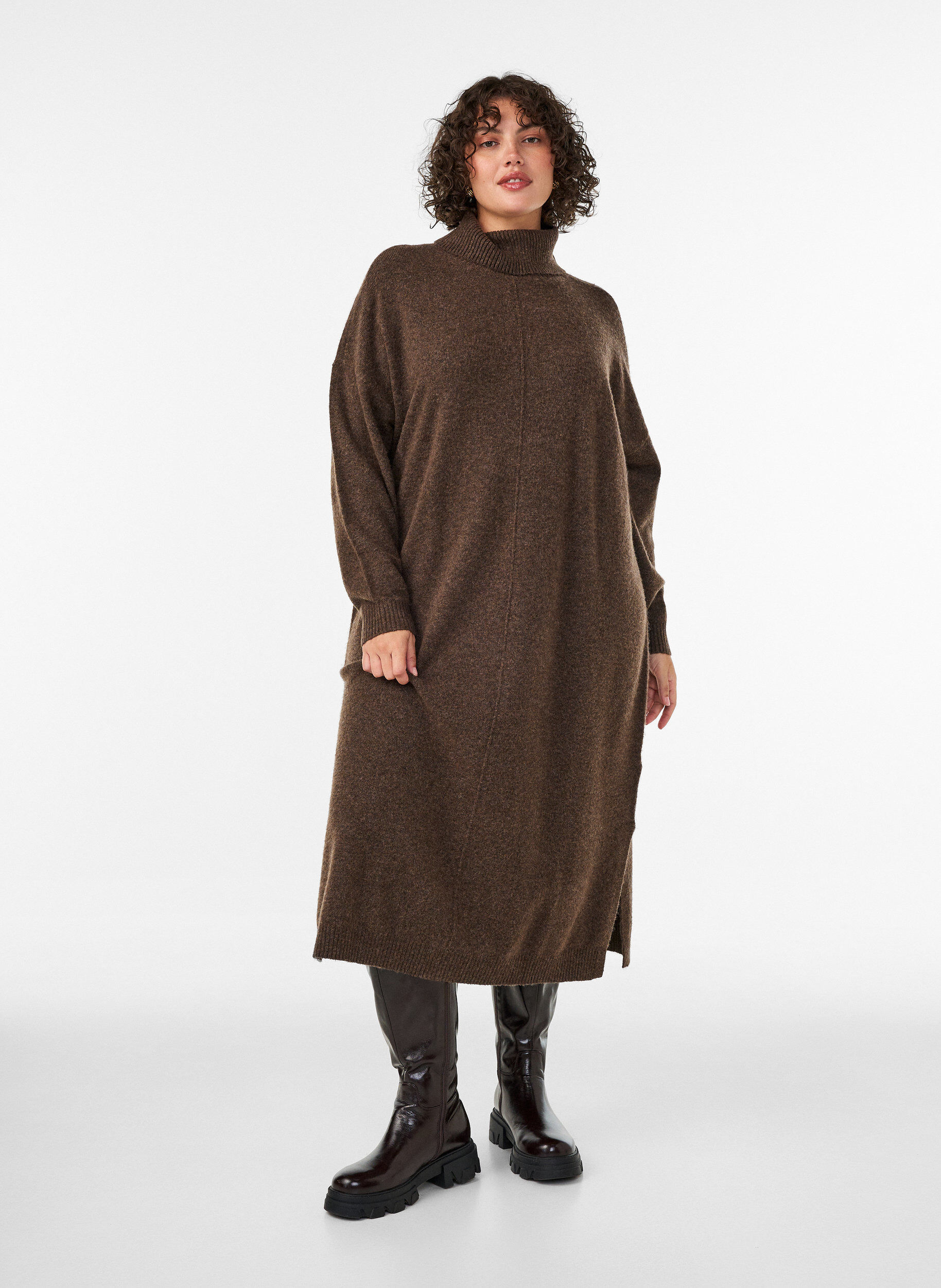 ZizziNeulemekko poolokauluksella ja halkioilla, Ruskea, Model image number 0