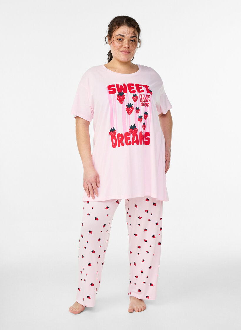 Pitk&auml; y&ouml;-T-paita luomupuuvillasta printill&auml;, Punainen, Model image number 1