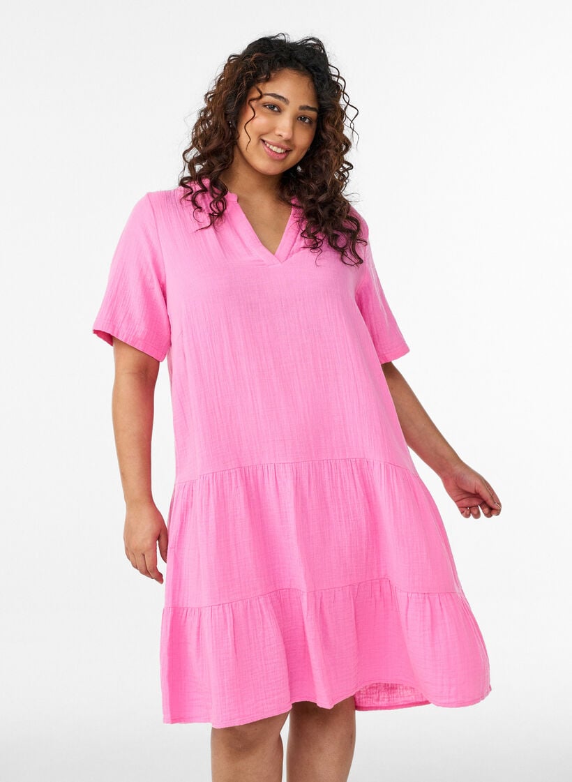 Lyhyt A-linjainen mekko puuvillamusliinista, Vaaleanpunainen, Model image number 0