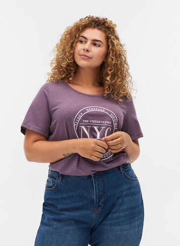 Meleerattu t-paita painatuksella ja lyhyillä hihoilla , Vintage Violet Mel., Model image number 0