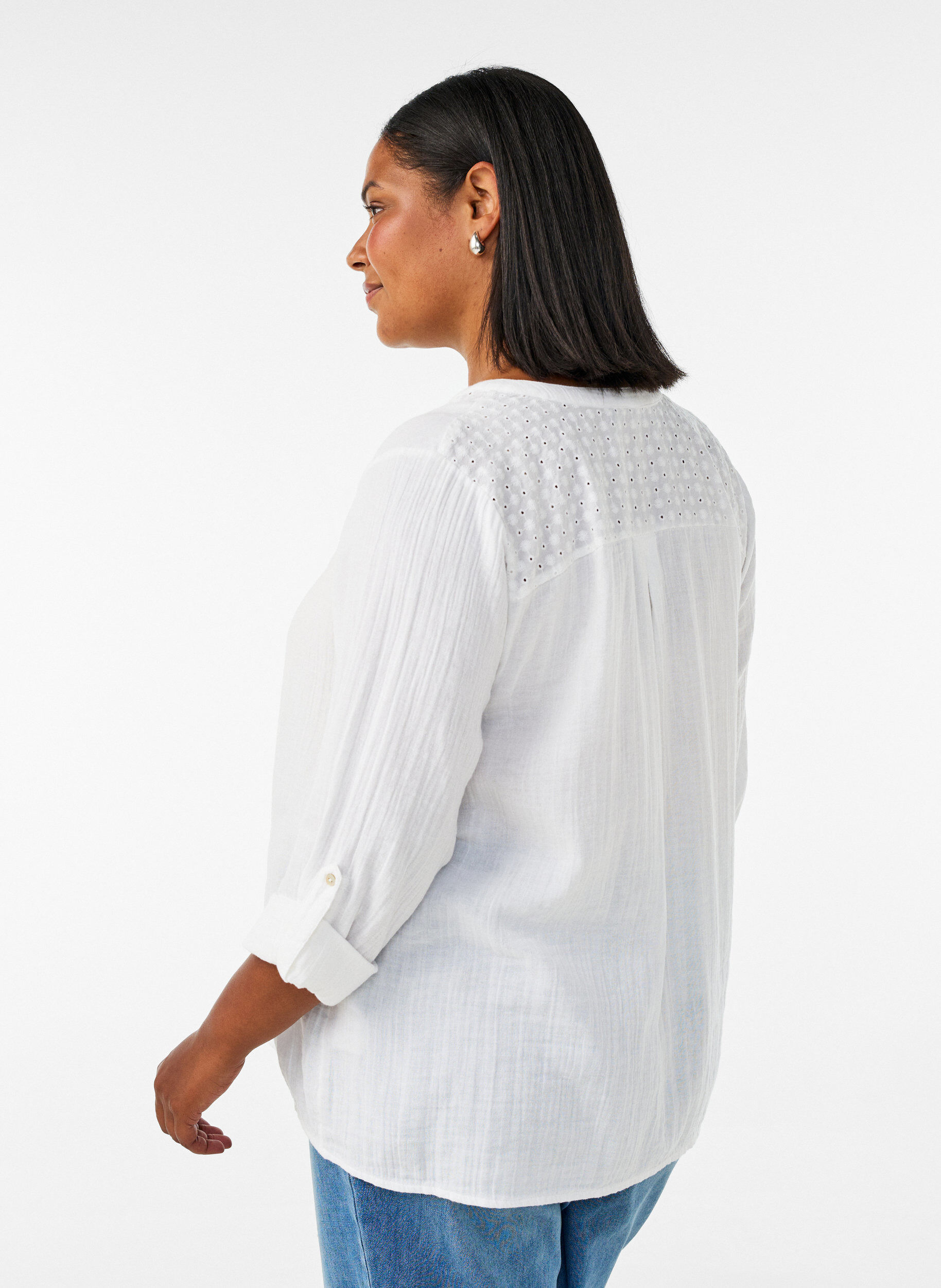 ZizziPaita puuvillamusliinissa, jossa broderie anglaise -kirjailu, Valkoinen, Model image number 1