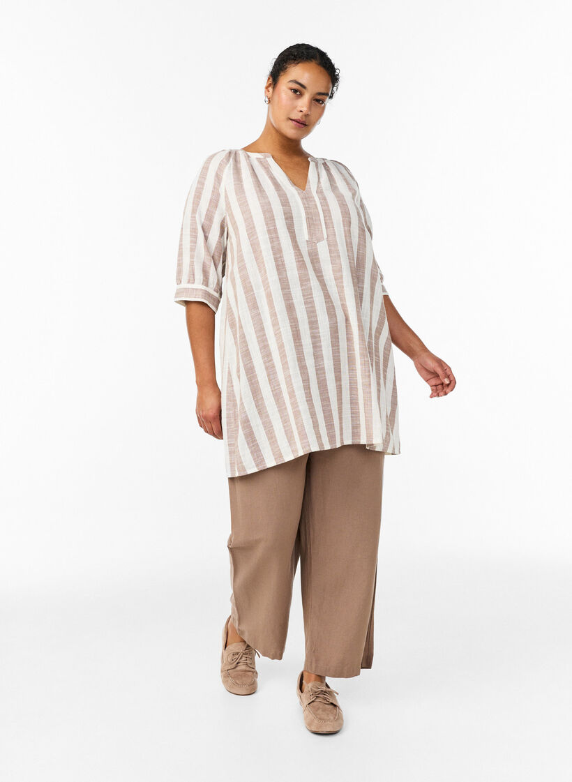 Puuvillatunika V-p&auml;&auml;ntiell&auml;, Beige, Model image number 1