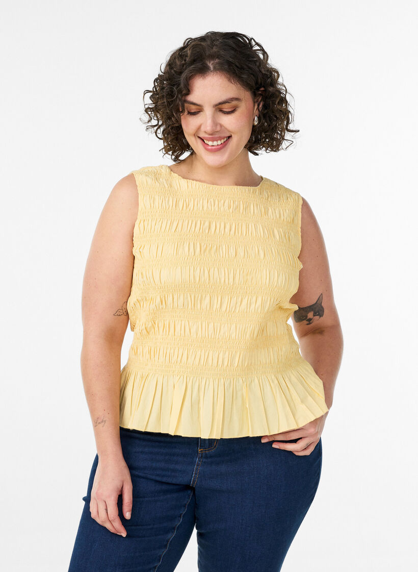Smokkitoppi venep&auml;&auml;ntiell&auml; ja peplum-helmalla, Keltainen, Model image number 0