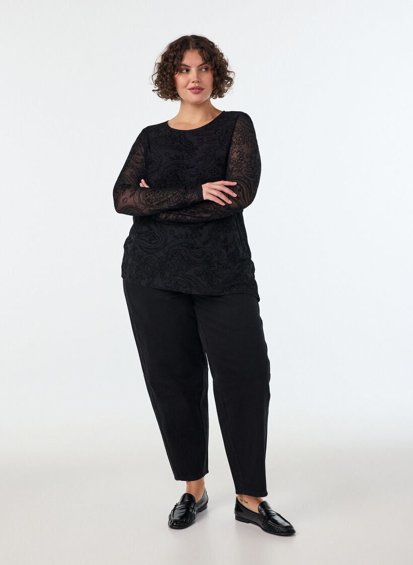Verkkopusero paisleykuviolla ja ep&auml;symmetrisell&auml; helmalla, Musta, Model image number 1