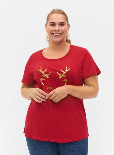 Jouluinen t-paita puuvillasta, Tango Red Reindeer, Model image number 0