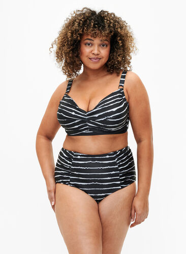 Raidallinen bikinialaosa korkealla vyötäröllä, Black White Stripe, Model image number 0