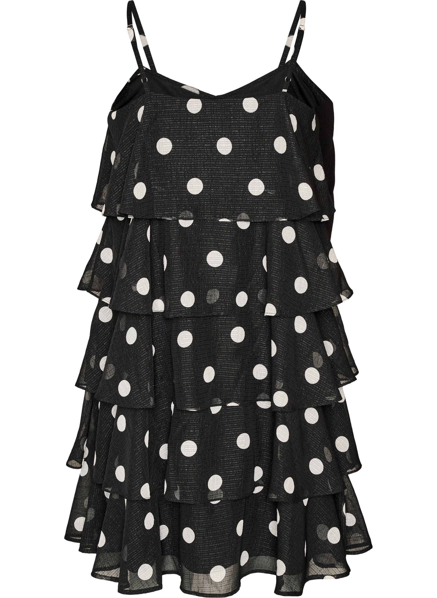 ZizziKerrostettu mekko r&ouml;yhel&ouml;ill&auml; ja ohuilla olkaimilla, Musta, Packshot image number 1