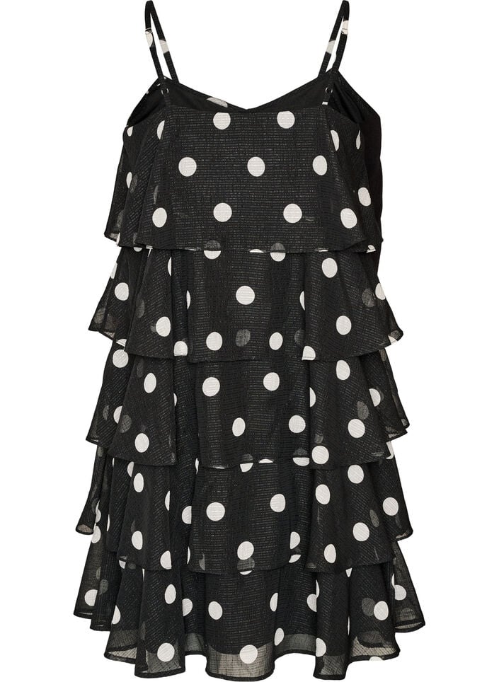 Kerrostettu mekko r&ouml;yhel&ouml;ill&auml; ja ohuilla olkaimilla, Musta, Packshot image number 1