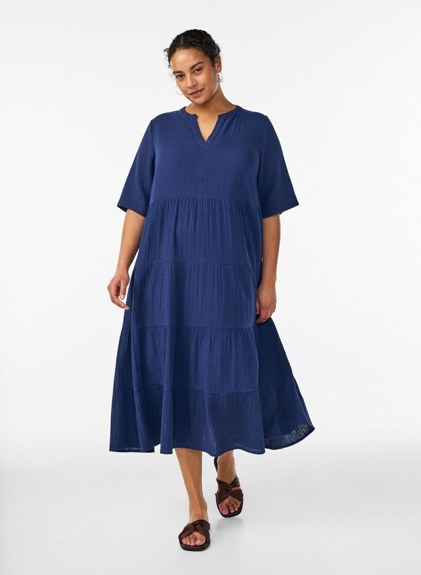 A-linjainen midimekko puuvillamusliinista, Sininen, Model image number 0