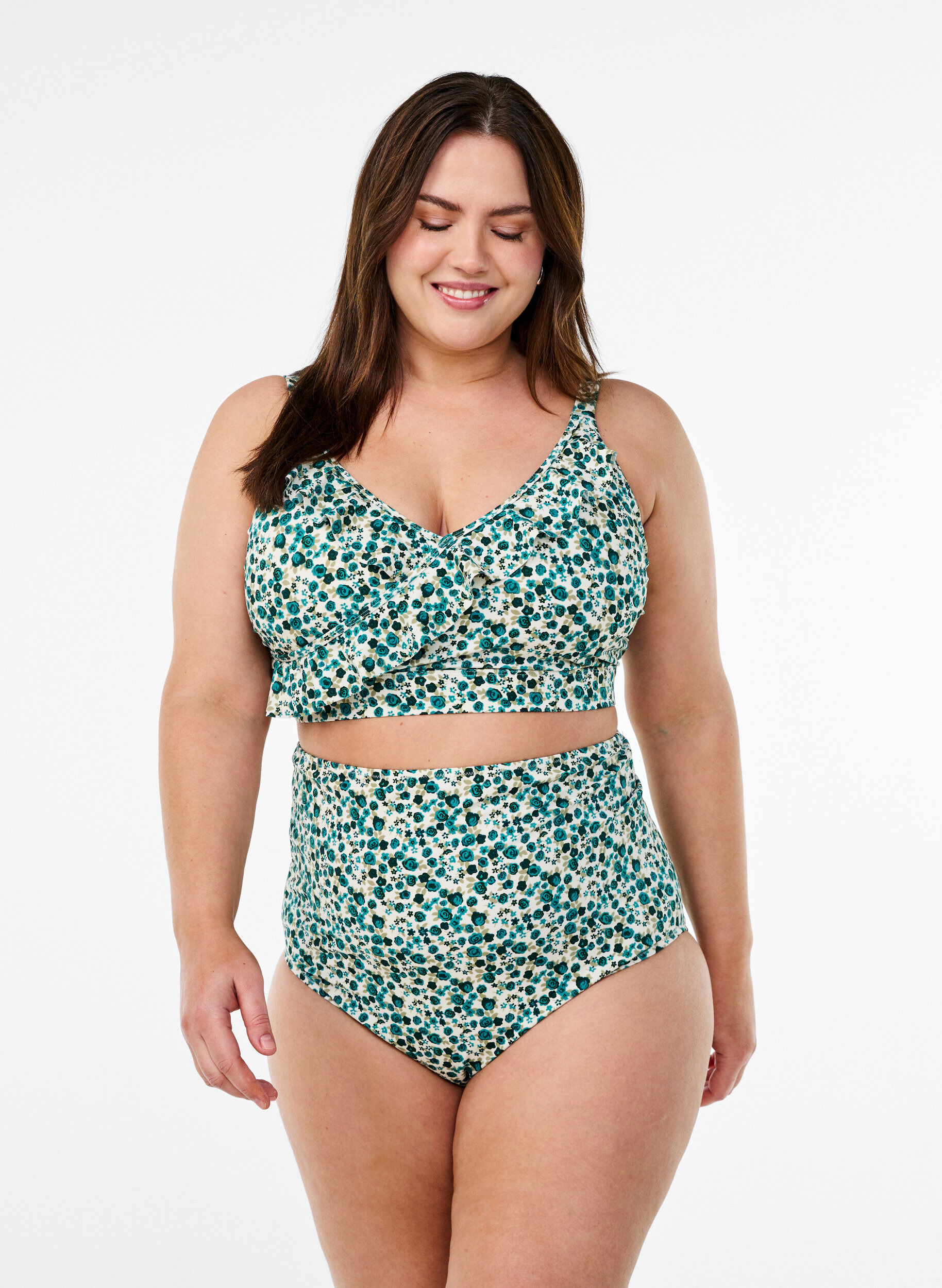 Zizzi Kukallinen bikinien yl&auml;osa r&ouml;yhel&ouml;yksityiskohdilla, Vihre&auml;, Model image number 1