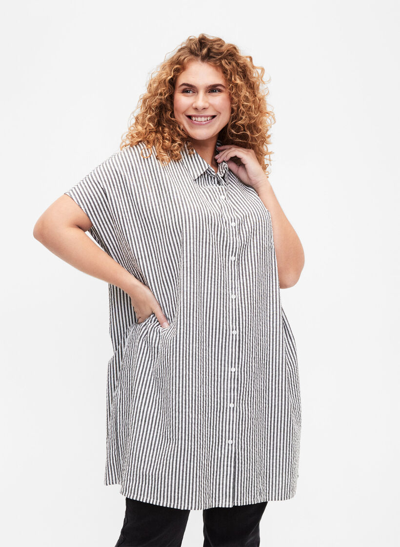 Pitkä raidallinen puuvillapaita, Black, Model image number 0