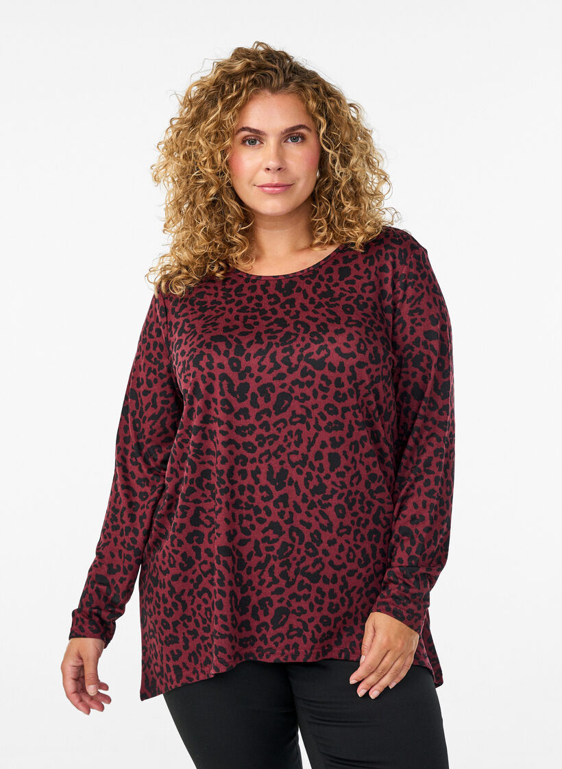 Leopardikuvioinen pusero pitk&auml;ll&auml; hihalla, Tumma Bordeaux, Model image number 0